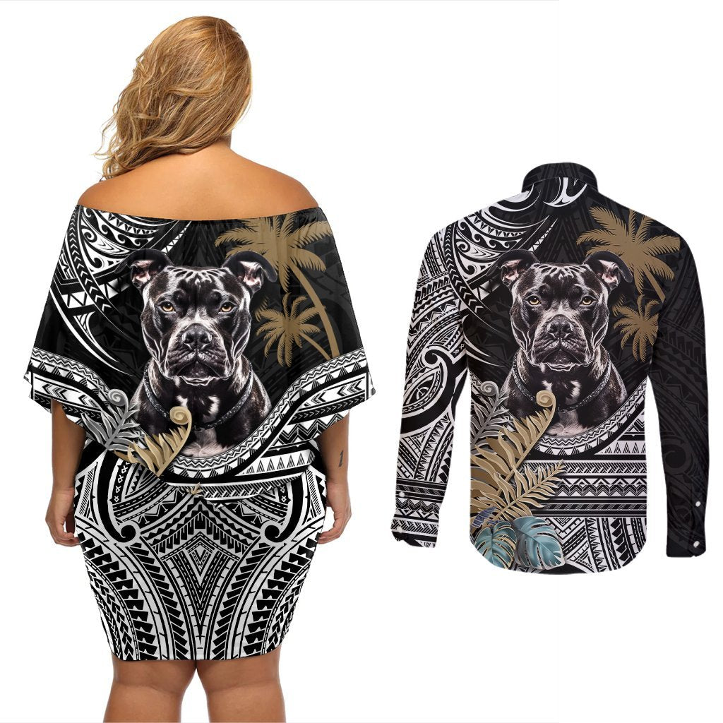 Polynesian Pitbull Couples Matching Off Shoulder Short Dress and Long Sleeve Button Shirts Polynesian Pattern And Pitbull TS04 - Polynesian Pride