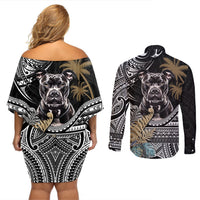 Polynesian Pitbull Couples Matching Off Shoulder Short Dress and Long Sleeve Button Shirts Polynesian Pattern And Pitbull TS04 - Polynesian Pride