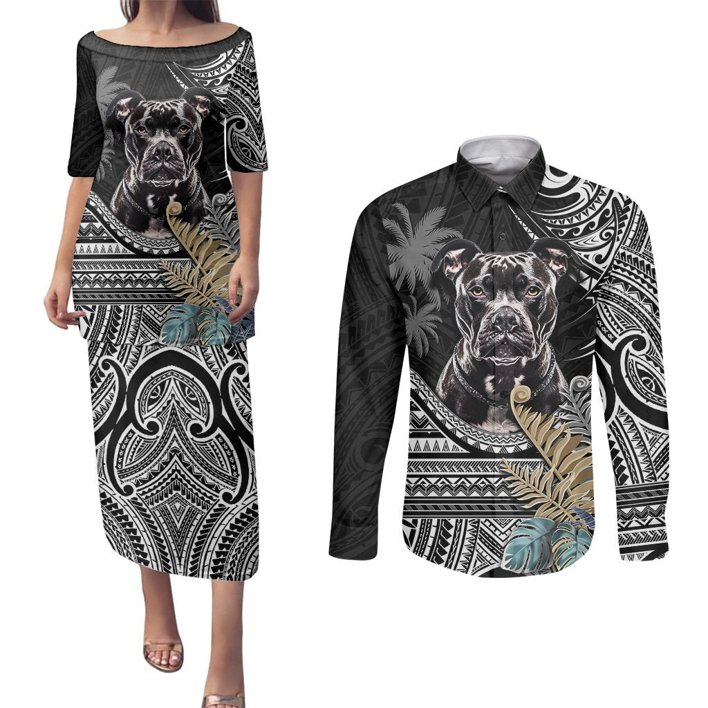 Polynesian Pitbull Couples Matching Puletasi Dress and Long Sleeve Button Shirts Polynesian Pattern And Pitbull TS04 Black - Polynesian Pride