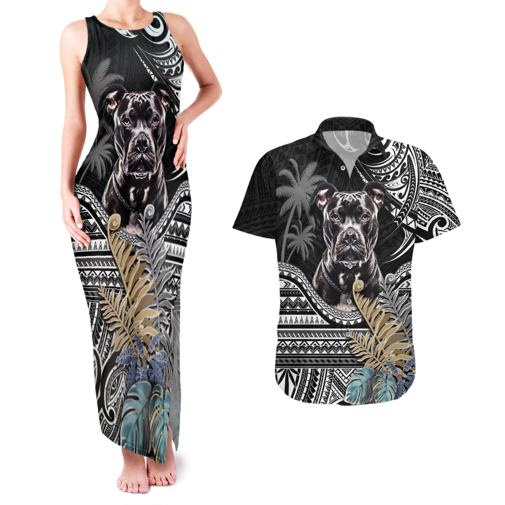 Polynesian Pitbull Couples Matching Tank Maxi Dress and Hawaiian Shirt Polynesian Pattern And Pitbull TS04 Black - Polynesian Pride