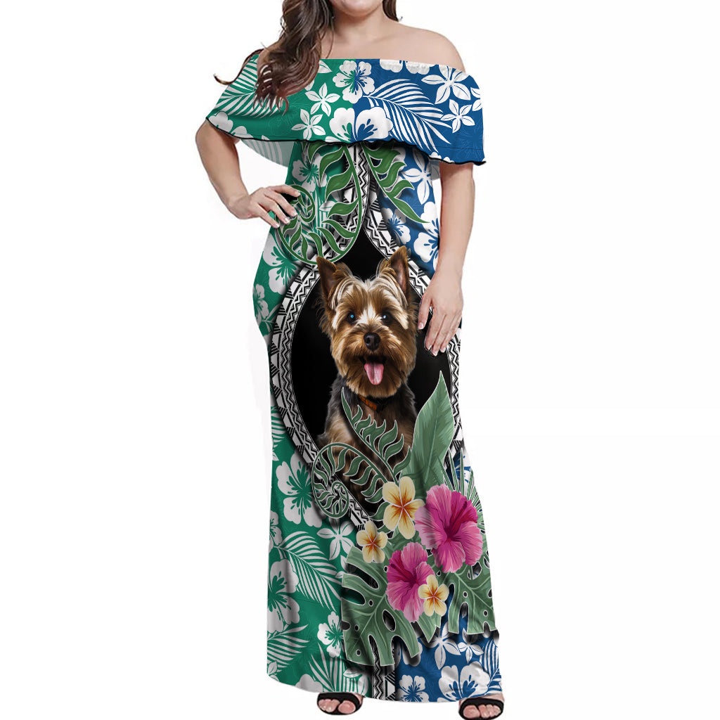 Polynesian Yorkshire Terrier Off Shoulder Maxi Dress Polynesian Pattern And Yorkshire Terrier TS04 Women Multicolor - Polynesian Pride