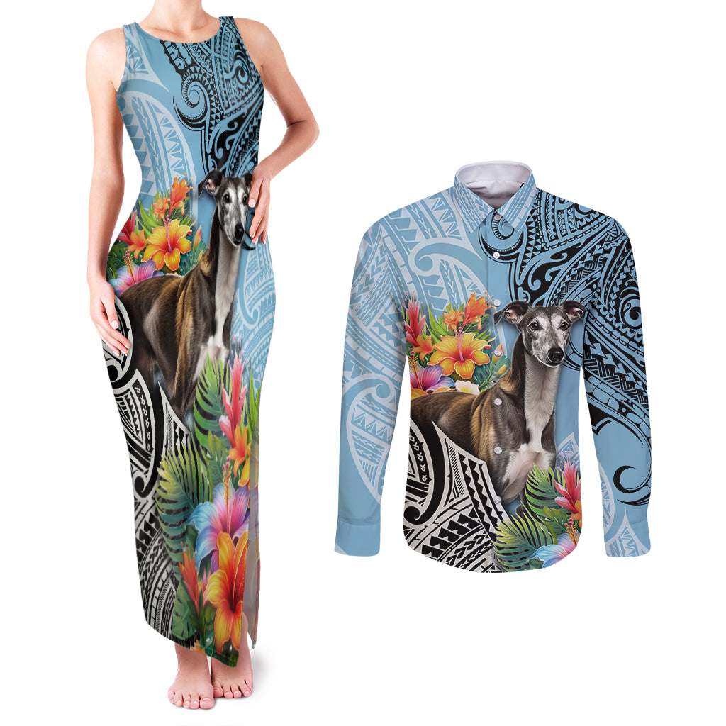 Polynesian Greyhound Couples Matching Tank Maxi Dress and Long Sleeve Button Shirts Polynesian Pattern And Greyhound TS04 Cyan - Polynesian Pride