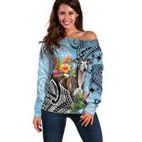 Polynesian Greyhound Off Shoulder Sweater Polynesian Pattern And Greyhound TS04 Women Cyan - Polynesian Pride