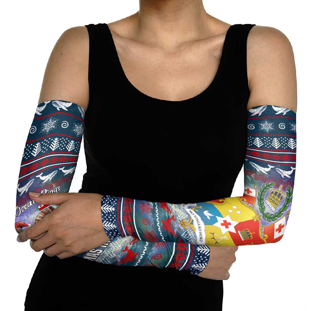 Tonga Christmas Arm Sleeves with Singing Whale Ocean Scene National Coat of Arms TS04 - Polynesian Pride