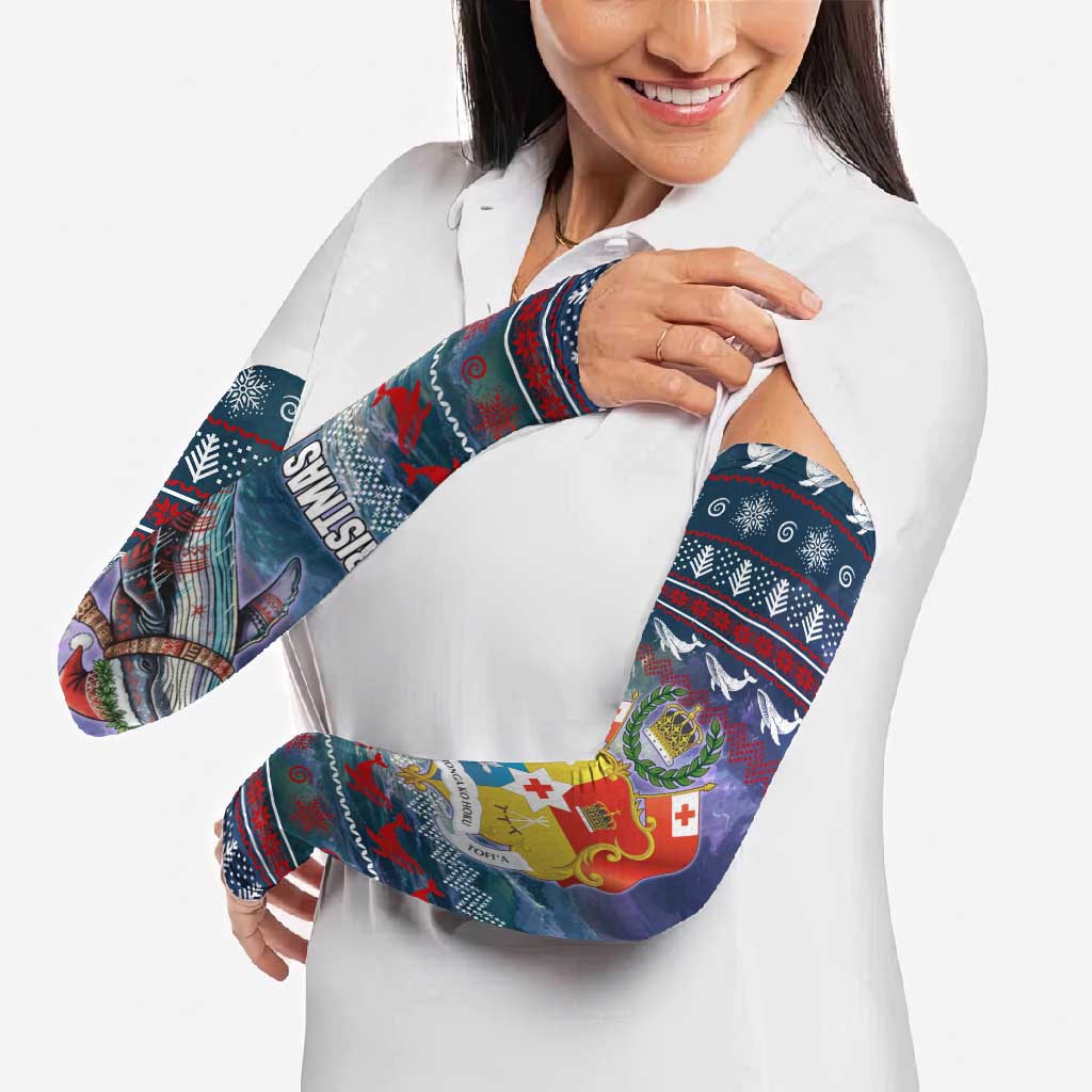 Tonga Christmas Arm Sleeves with Singing Whale Ocean Scene National Coat of Arms TS04 - Polynesian Pride