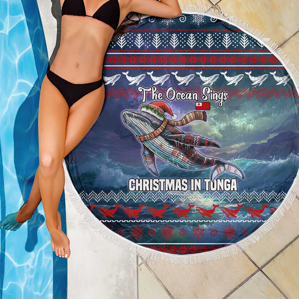 Tonga Christmas Beach Blanket with Singing Whale Ocean Scene National Coat of Arms - Polynesian Pride