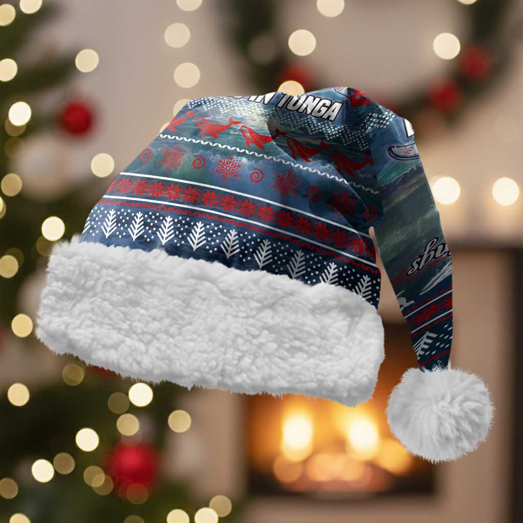 Tonga Christmas Santa Hat with Singing Whale Ocean Scene National Coat of Arms - Polynesian Pride