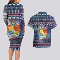 Tonga Christmas Couples Matching Long Sleeve Bodycon Dress and Hawaiian Shirt with Singing Whale Ocean Scene National Coat of Arms TS04 - Polynesian Pride