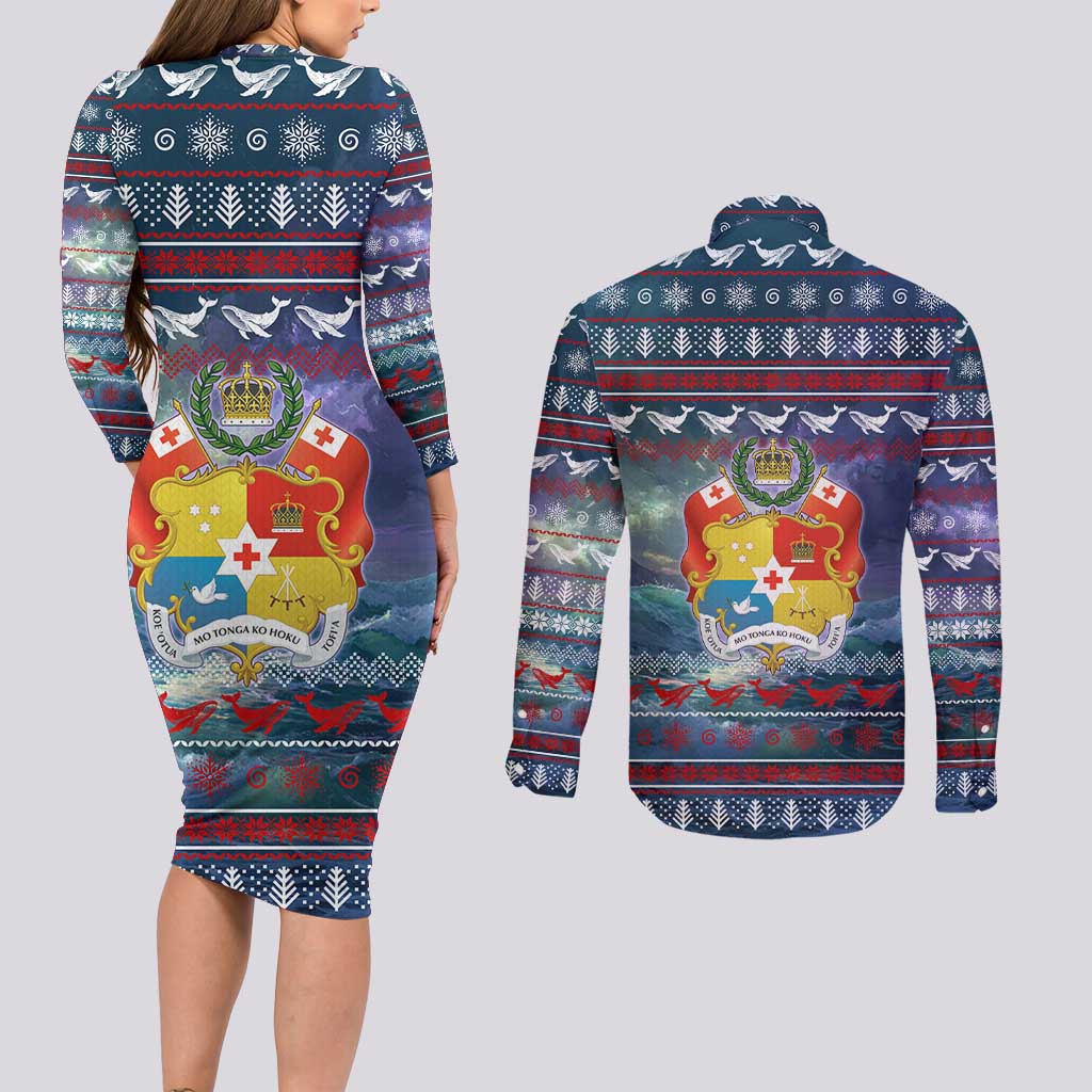 Tonga Christmas Couples Matching Long Sleeve Bodycon Dress and Long Sleeve Button Shirt with Singing Whale Ocean Scene National Coat of Arms TS04 - Polynesian Pride