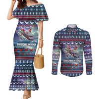 Tonga Christmas Couples Matching Mermaid Dress and Long Sleeve Button Shirt with Singing Whale Ocean Scene National Coat of Arms TS04 Multicolor - Polynesian Pride
