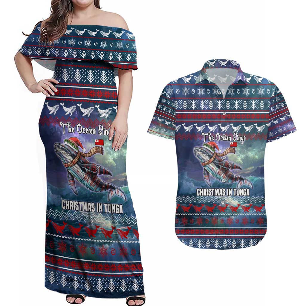 Tonga Christmas Couples Matching Off Shoulder Maxi Dress and Hawaiian Shirt with Singing Whale Ocean Scene National Coat of Arms TS04 Multicolor - Polynesian Pride