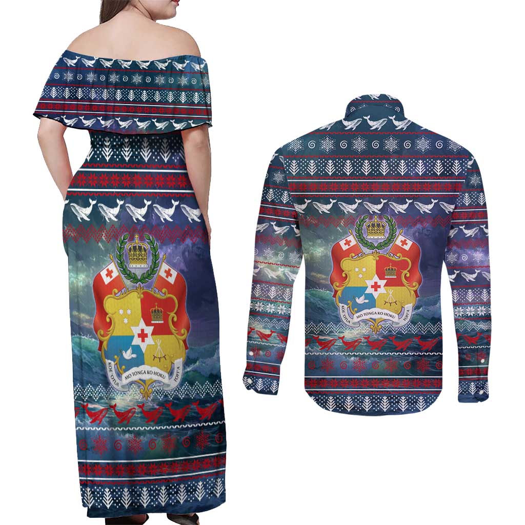 Tonga Christmas Couples Matching Off Shoulder Maxi Dress and Long Sleeve Button Shirt with Singing Whale Ocean Scene National Coat of Arms TS04 - Polynesian Pride