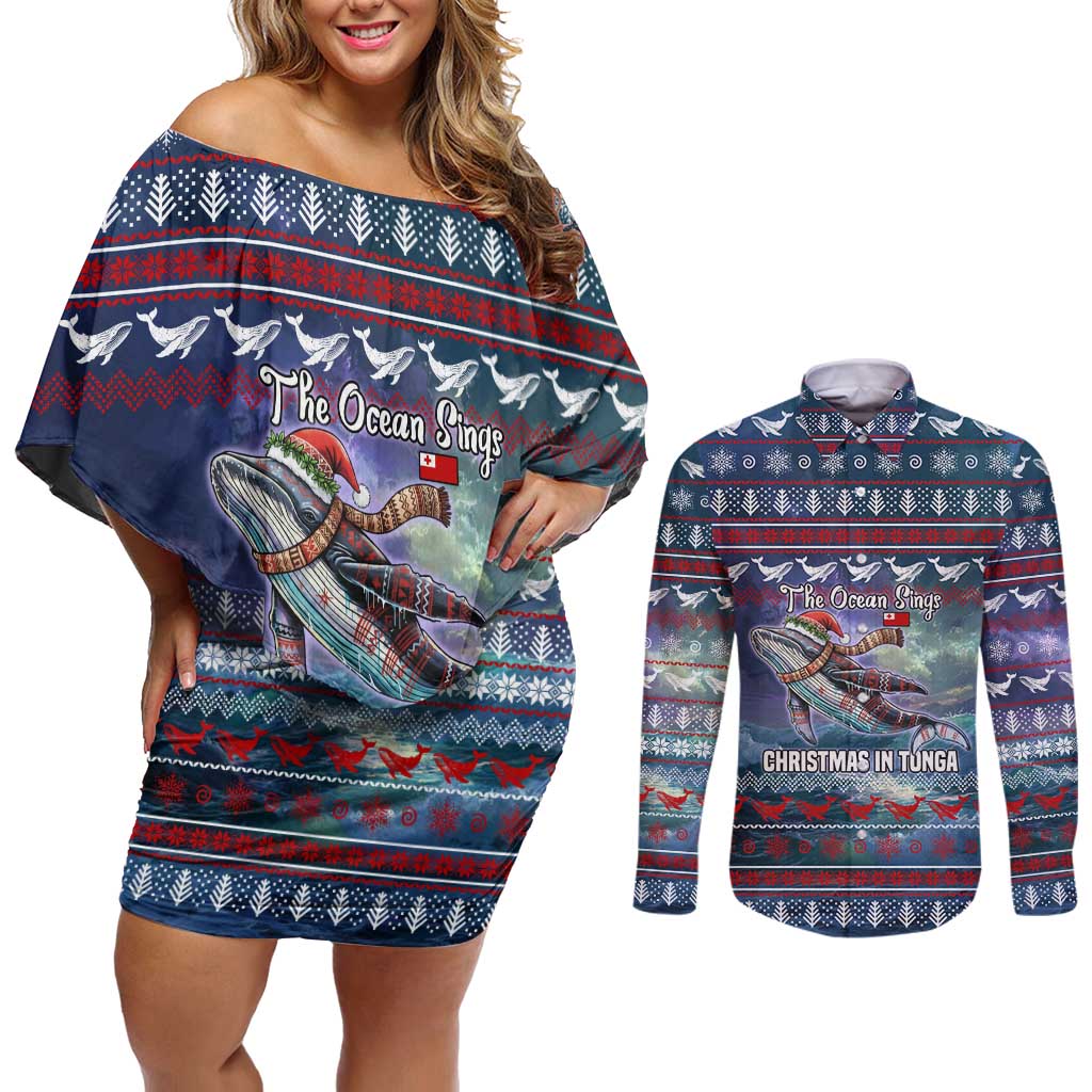 Tonga Christmas Couples Matching Off Shoulder Short Dress and Long Sleeve Button Shirt with Singing Whale Ocean Scene National Coat of Arms TS04 Multicolor - Polynesian Pride