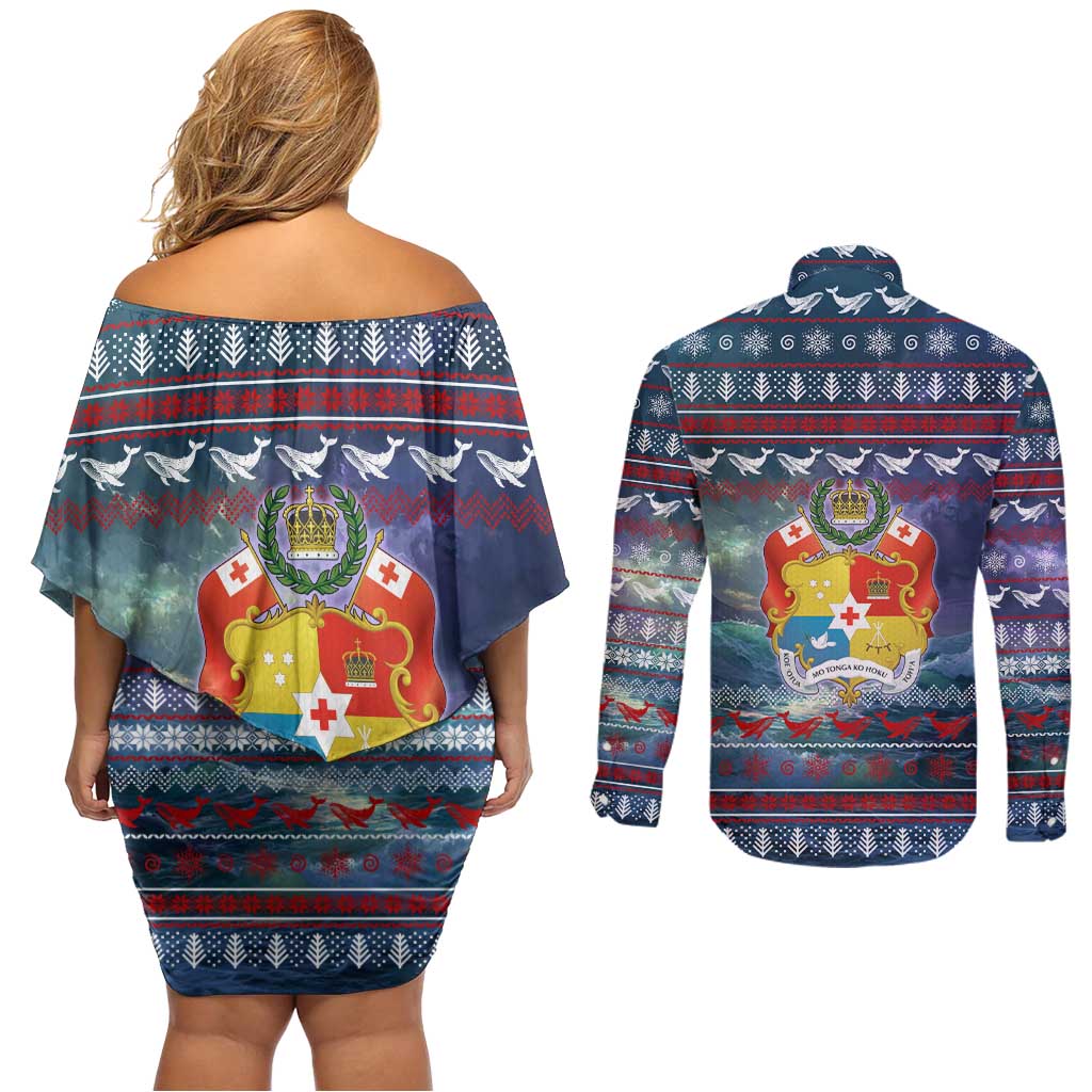 Tonga Christmas Couples Matching Off Shoulder Short Dress and Long Sleeve Button Shirt with Singing Whale Ocean Scene National Coat of Arms TS04 - Polynesian Pride