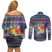 Tonga Christmas Couples Matching Off Shoulder Short Dress and Long Sleeve Button Shirt with Singing Whale Ocean Scene National Coat of Arms TS04 - Polynesian Pride