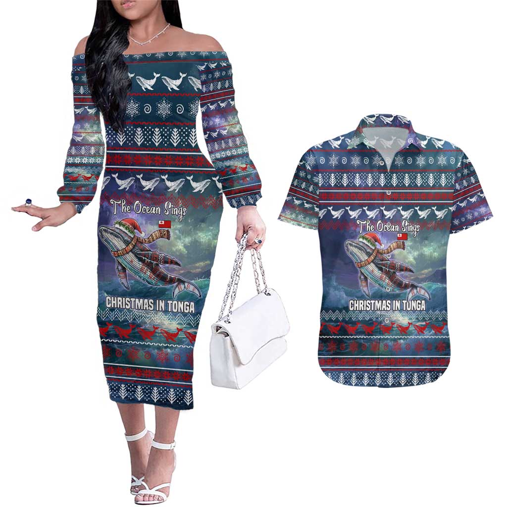 Tonga Christmas Couples Matching Off The Shoulder Long Sleeve Dress and Hawaiian Shirt with Singing Whale Ocean Scene National Coat of Arms TS04 Multicolor - Polynesian Pride