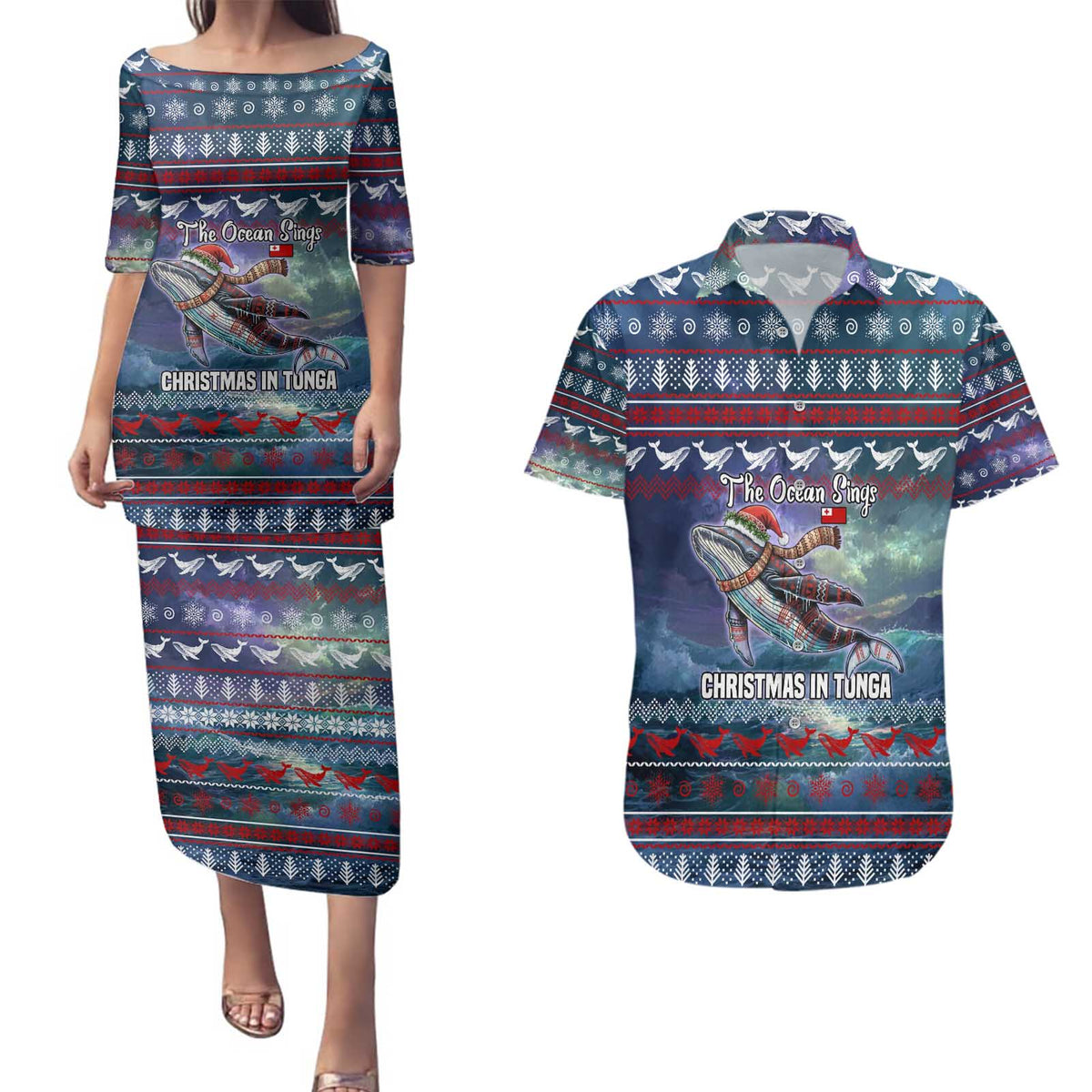 Tonga Christmas Couples Matching Puletasi and Hawaiian Shirt with Singing Whale Ocean Scene National Coat of Arms TS04 Multicolor - Polynesian Pride