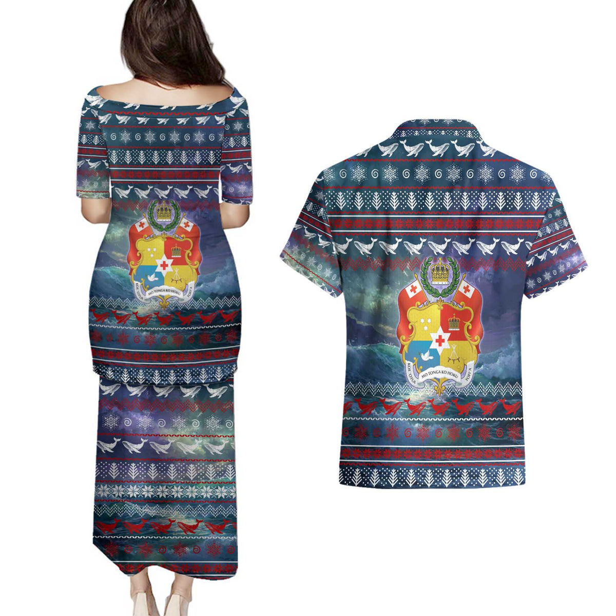 Tonga Christmas Couples Matching Puletasi and Hawaiian Shirt with Singing Whale Ocean Scene National Coat of Arms TS04 - Polynesian Pride