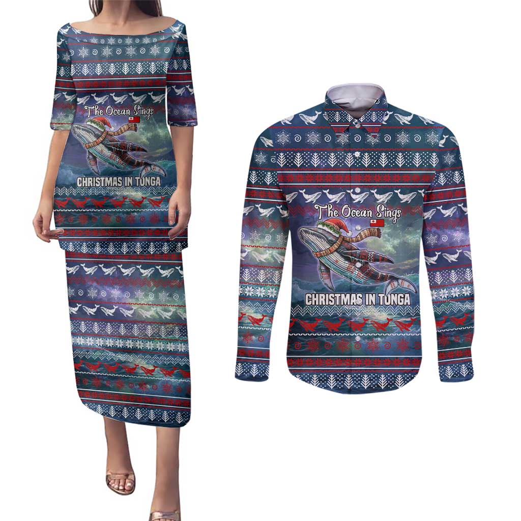 Tonga Christmas Couples Matching Puletasi and Long Sleeve Button Shirt with Singing Whale Ocean Scene National Coat of Arms - Polynesian Pride