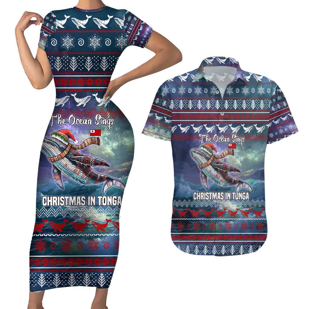 Tonga Christmas Couples Matching Short Sleeve Bodycon Dress and Hawaiian Shirt with Singing Whale Ocean Scene National Coat of Arms TS04 Multicolor - Polynesian Pride