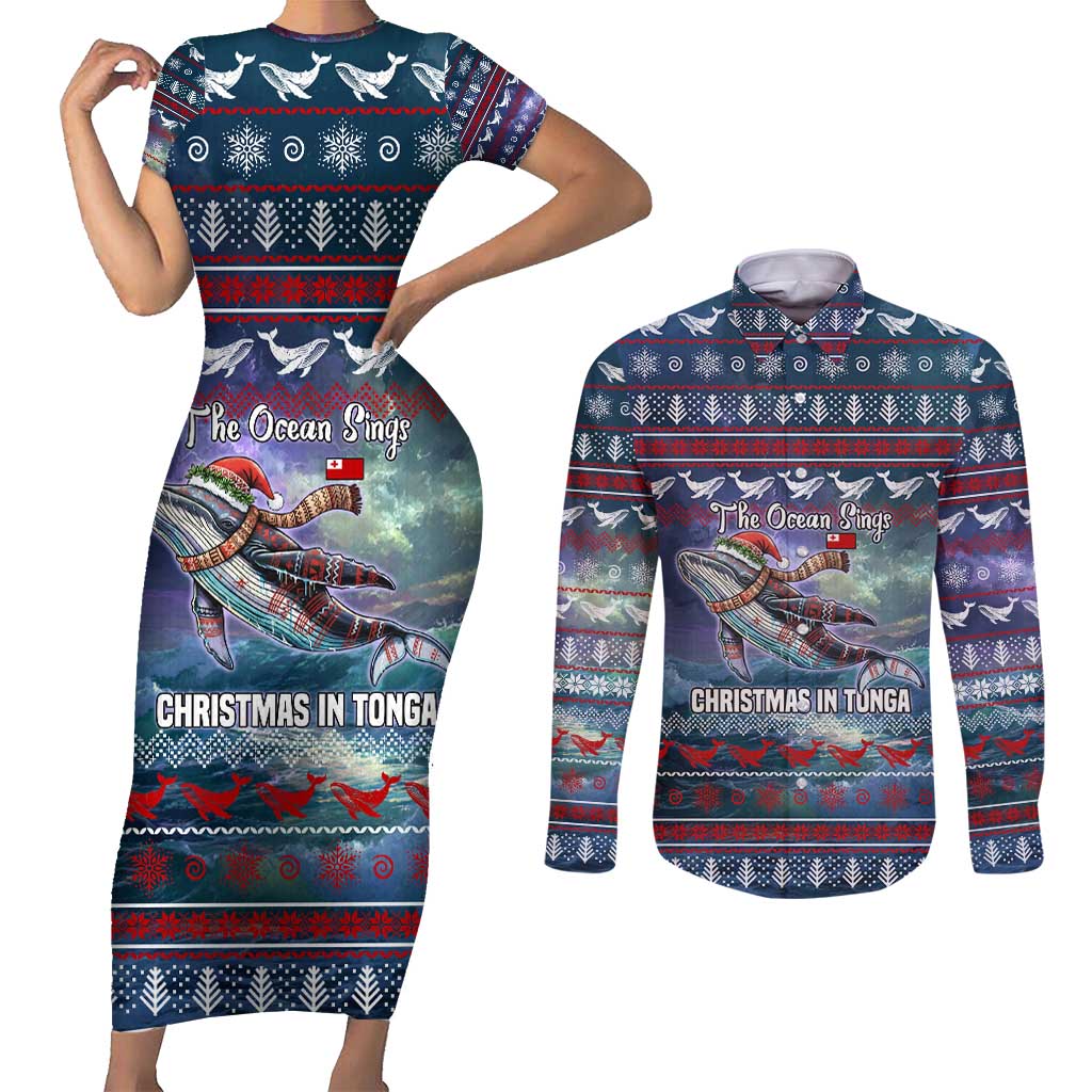 Tonga Christmas Couples Matching Short Sleeve Bodycon Dress and Long Sleeve Button Shirt with Singing Whale Ocean Scene National Coat of Arms TS04 Multicolor - Polynesian Pride