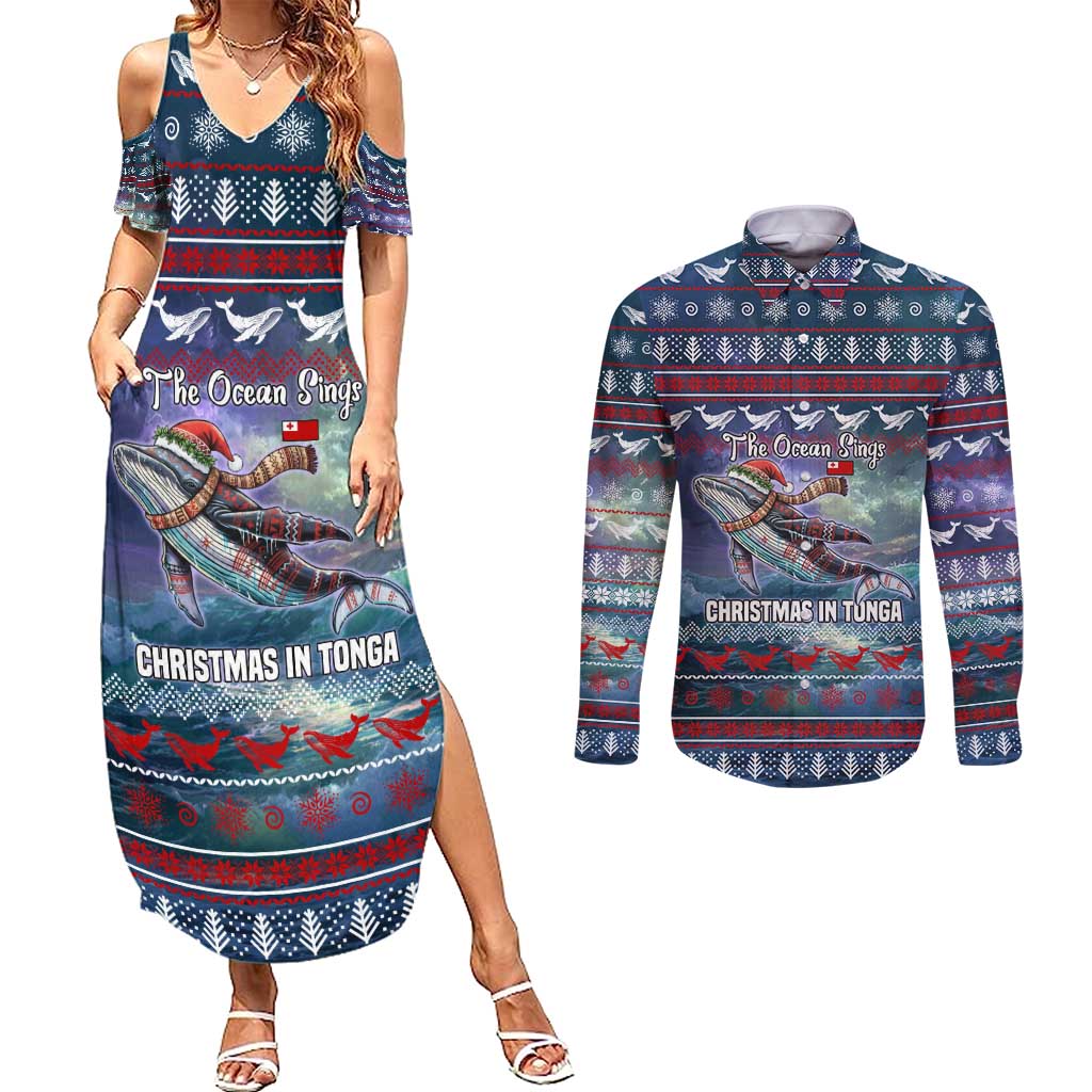 Tonga Christmas Couples Matching Summer Maxi Dress and Long Sleeve Button Shirt with Singing Whale Ocean Scene National Coat of Arms TS04 Multicolor - Polynesian Pride