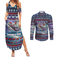 Tonga Christmas Couples Matching Summer Maxi Dress and Long Sleeve Button Shirt with Singing Whale Ocean Scene National Coat of Arms TS04 Multicolor - Polynesian Pride