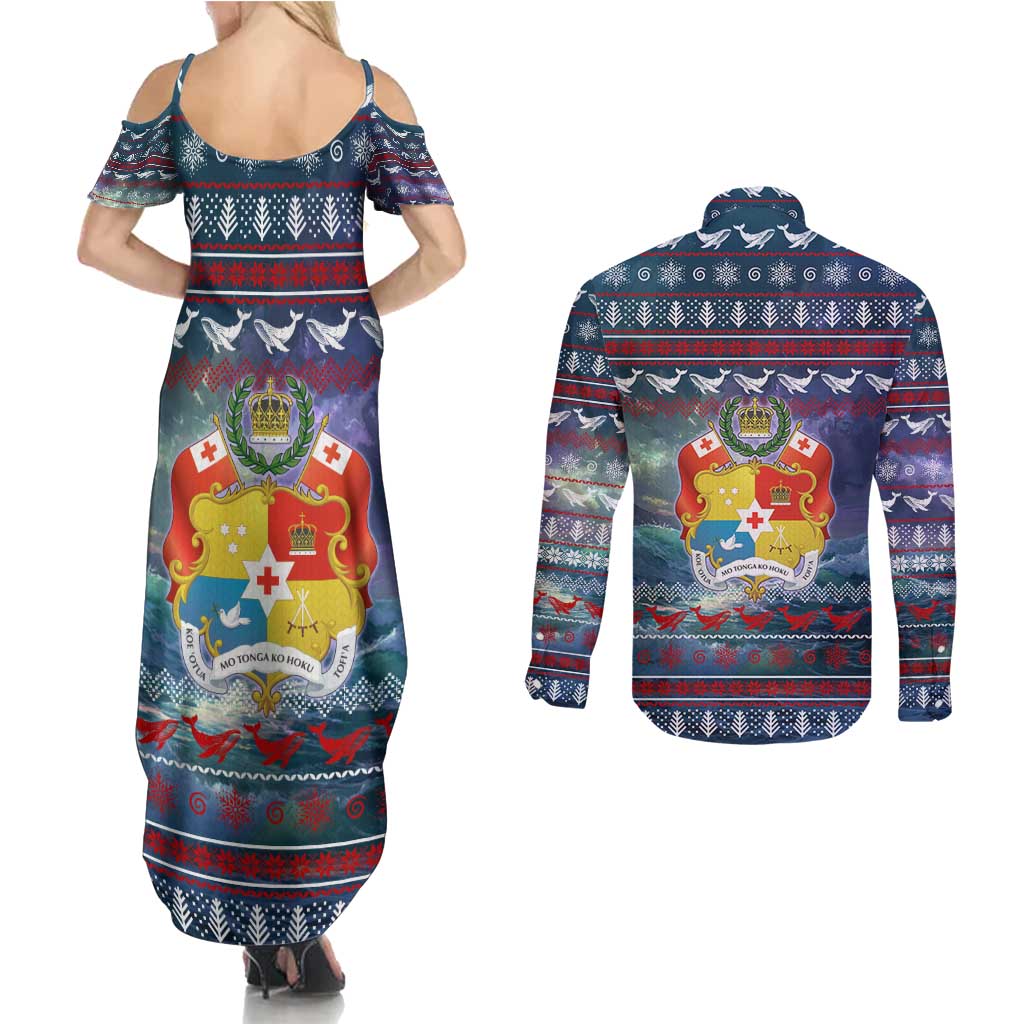 Tonga Christmas Couples Matching Summer Maxi Dress and Long Sleeve Button Shirt with Singing Whale Ocean Scene National Coat of Arms TS04 - Polynesian Pride