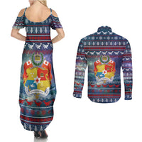 Tonga Christmas Couples Matching Summer Maxi Dress and Long Sleeve Button Shirt with Singing Whale Ocean Scene National Coat of Arms TS04 - Polynesian Pride