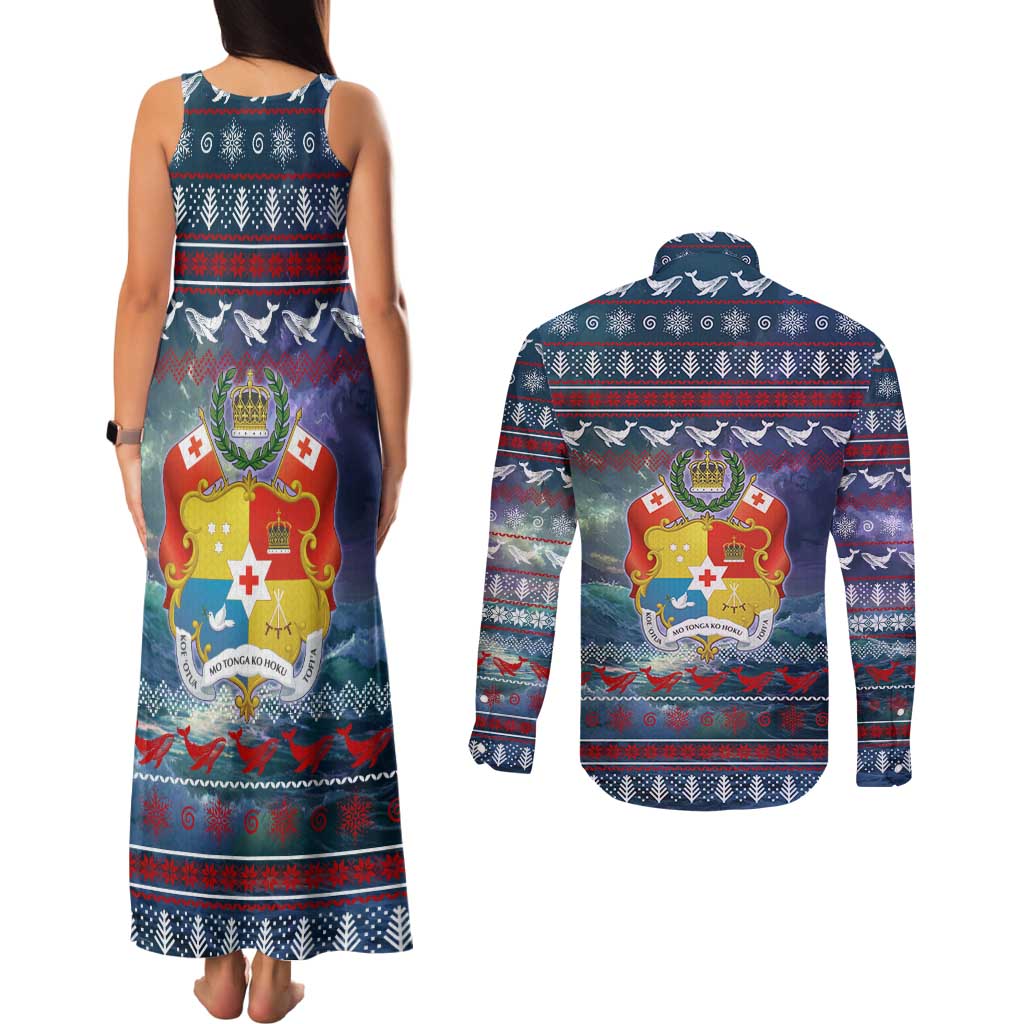Tonga Christmas Couples Matching Tank Maxi Dress and Long Sleeve Button Shirt with Singing Whale Ocean Scene National Coat of Arms TS04 - Polynesian Pride