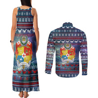 Tonga Christmas Couples Matching Tank Maxi Dress and Long Sleeve Button Shirt with Singing Whale Ocean Scene National Coat of Arms TS04 - Polynesian Pride