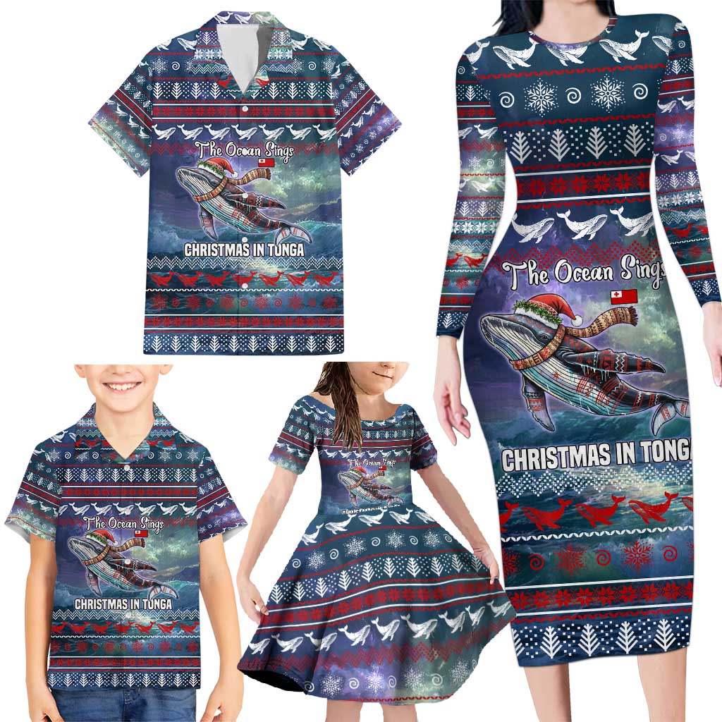 Tonga Christmas Family Matching Long Sleeve Bodycon Dress and Hawaiian Shirt with Singing Whale Ocean Scene National Coat of Arms TS04 - Polynesian Pride