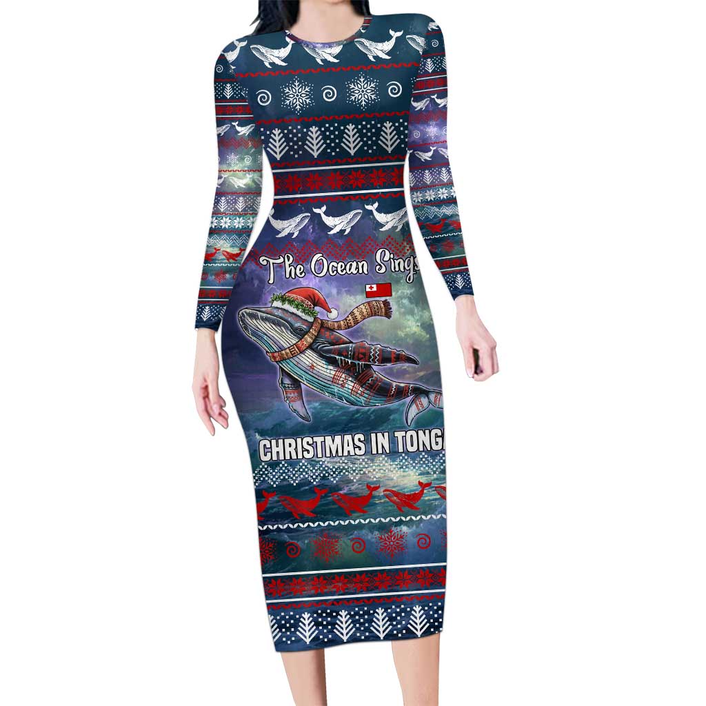 Tonga Christmas Family Matching Long Sleeve Bodycon Dress and Hawaiian Shirt with Singing Whale Ocean Scene National Coat of Arms TS04 Mom's Dress Multicolor - Polynesian Pride