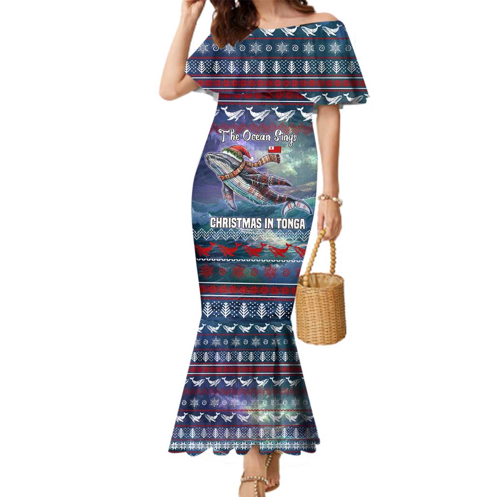 Tonga Christmas Family Matching Mermaid Dress and Hawaiian Shirt with Singing Whale Ocean Scene National Coat of Arms TS04 Mom's Dress Multicolor - Polynesian Pride