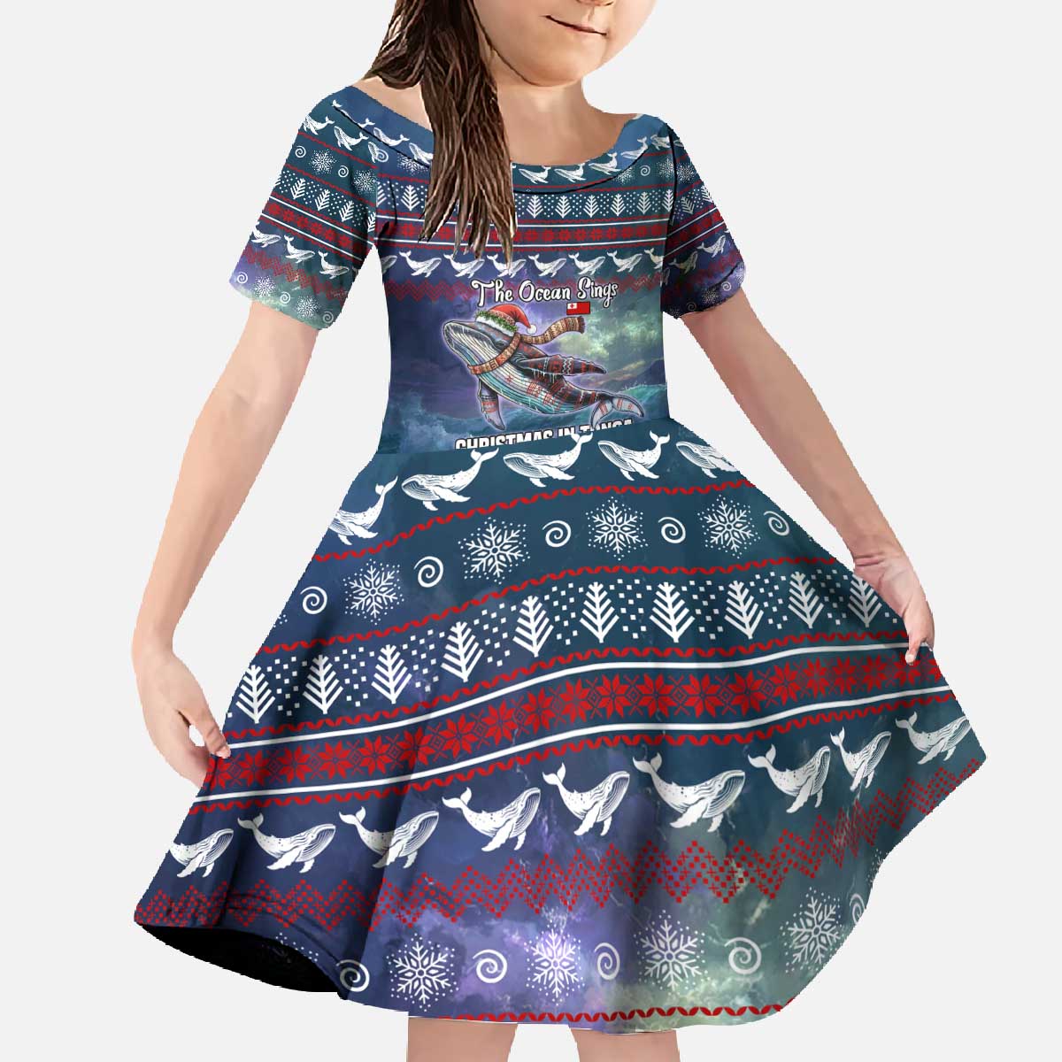 Tonga Christmas Family Matching Off The Shoulder Long Sleeve Dress and Hawaiian Shirt with Singing Whale Ocean Scene National Coat of Arms TS04 Daughter's Dress Multicolor - Polynesian Pride