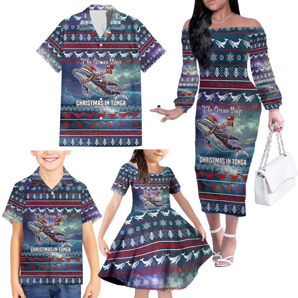 Tonga Christmas Family Matching Off The Shoulder Long Sleeve Dress and Hawaiian Shirt with Singing Whale Ocean Scene National Coat of Arms TS04 - Polynesian Pride