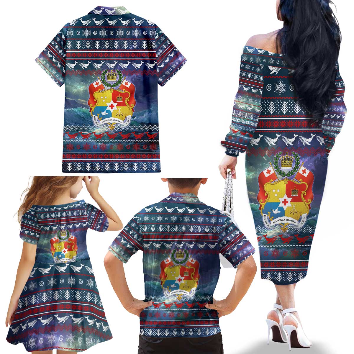 Tonga Christmas Family Matching Off The Shoulder Long Sleeve Dress and Hawaiian Shirt with Singing Whale Ocean Scene National Coat of Arms TS04 - Polynesian Pride