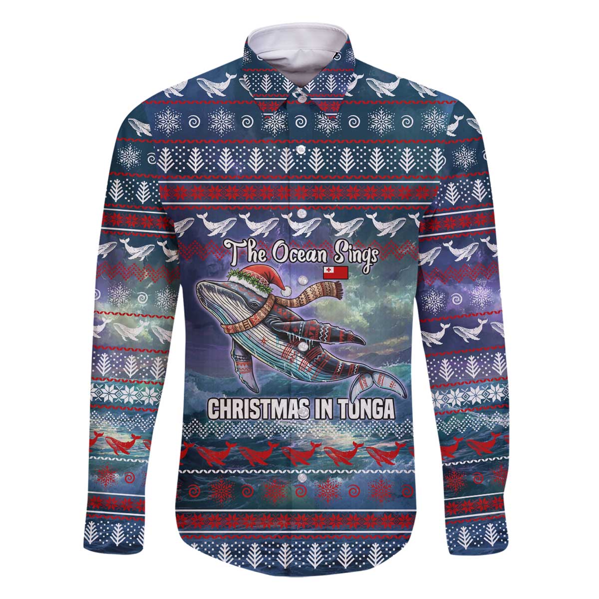Tonga Christmas Family Matching Off The Shoulder Long Sleeve Dress and Hawaiian Shirt with Singing Whale Ocean Scene National Coat of Arms TS04 Dad's Shirt - Long Sleeve Multicolor - Polynesian Pride