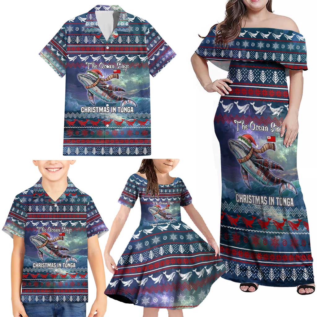 Tonga Christmas Family Matching Off Shoulder Maxi Dress and Hawaiian Shirt with Singing Whale Ocean Scene National Coat of Arms TS04 - Polynesian Pride