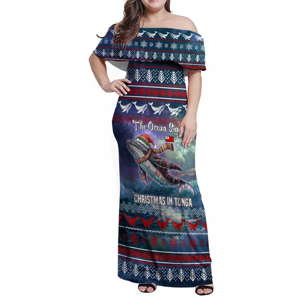Tonga Christmas Family Matching Off Shoulder Maxi Dress and Hawaiian Shirt with Singing Whale Ocean Scene National Coat of Arms TS04 Mom's Dress Multicolor - Polynesian Pride