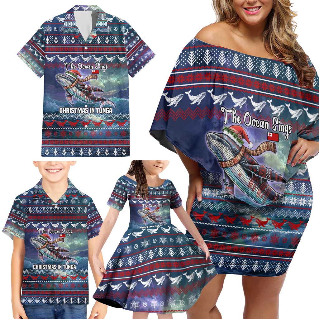 Tonga Christmas Family Matching Off Shoulder Short Dress and Hawaiian Shirt with Singing Whale Ocean Scene National Coat of Arms TS04 - Polynesian Pride
