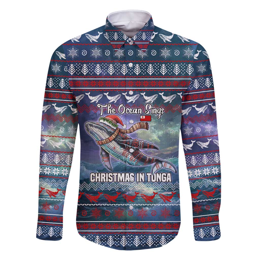 Tonga Christmas Family Matching Off Shoulder Short Dress and Hawaiian Shirt with Singing Whale Ocean Scene National Coat of Arms TS04 Dad's Shirt - Long Sleeve Multicolor - Polynesian Pride