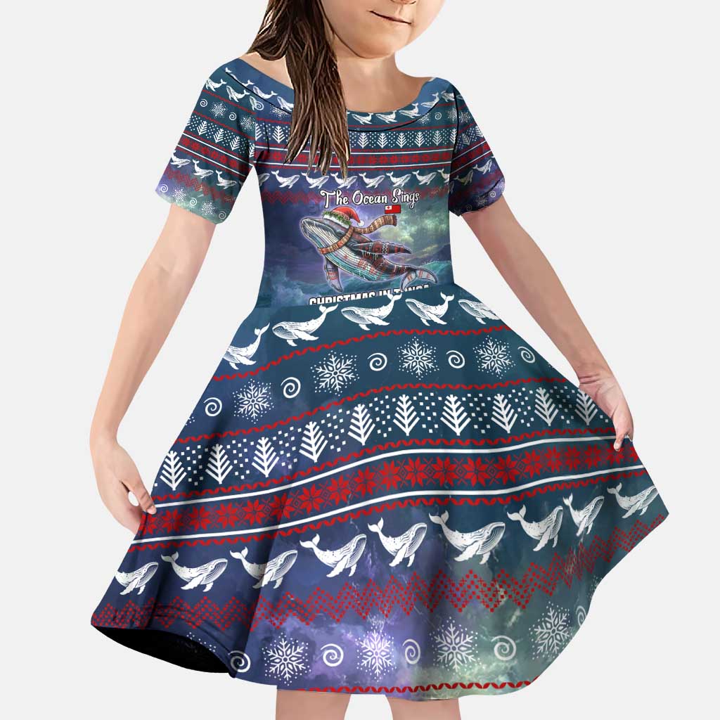 Tonga Christmas Family Matching Puletasi and Hawaiian Shirt with Singing Whale Ocean Scene National Coat of Arms TS04 Daughter's Dress Multicolor - Polynesian Pride