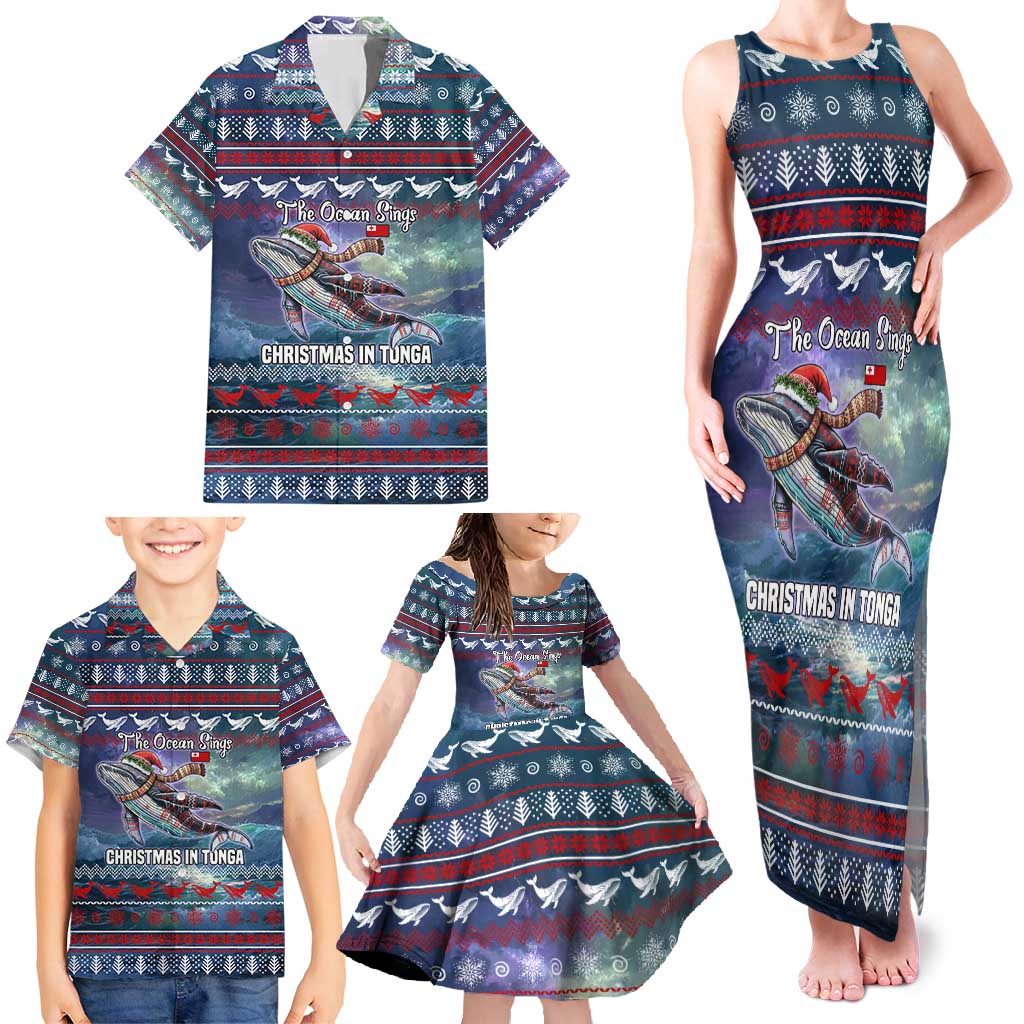 Tonga Christmas Family Matching Tank Maxi Dress and Hawaiian Shirt with Singing Whale Ocean Scene National Coat of Arms TS04 - Polynesian Pride