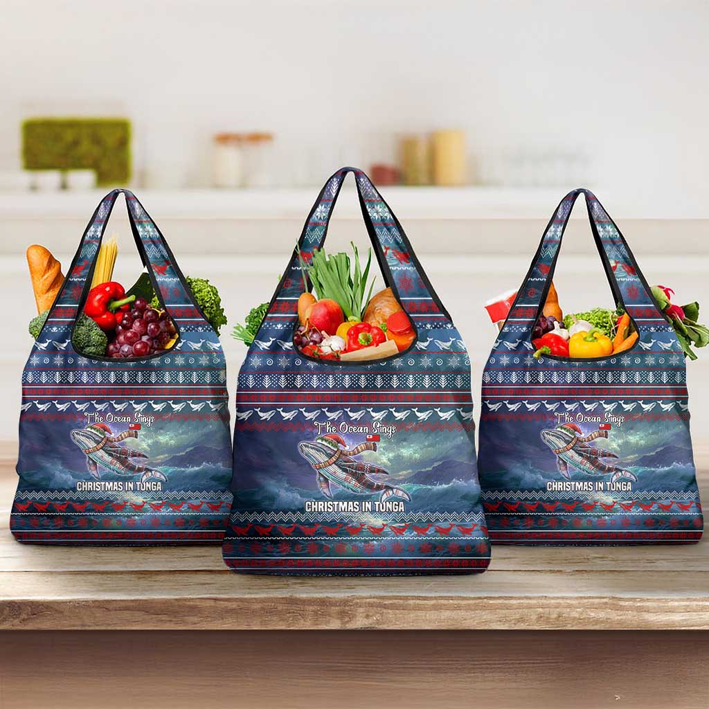 Tonga Christmas Grocery Bag with Singing Whale Ocean Scene National Coat of Arms - Polynesian Pride
