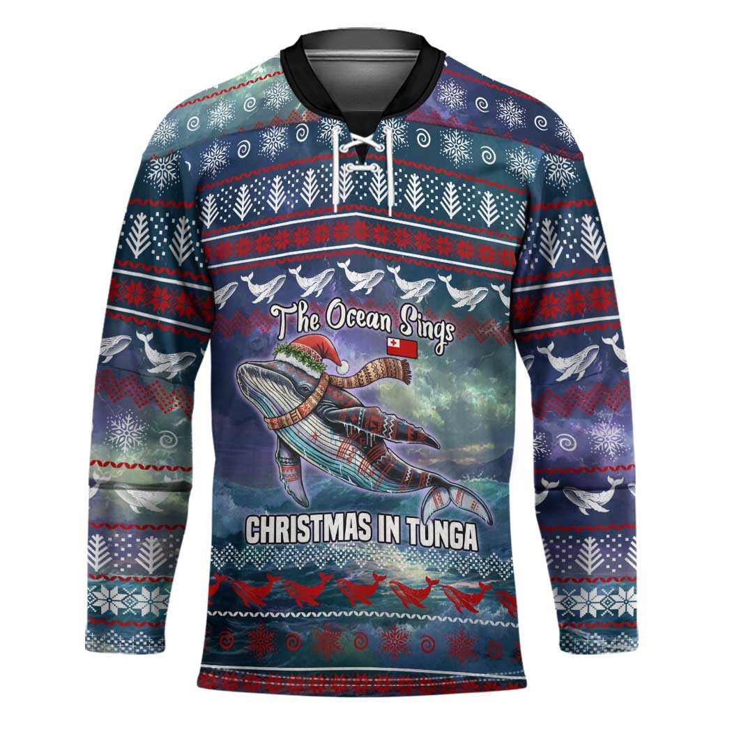 Tonga Christmas Hockey Jersey with Singing Whale Ocean Scene National Coat of Arms - Polynesian Pride