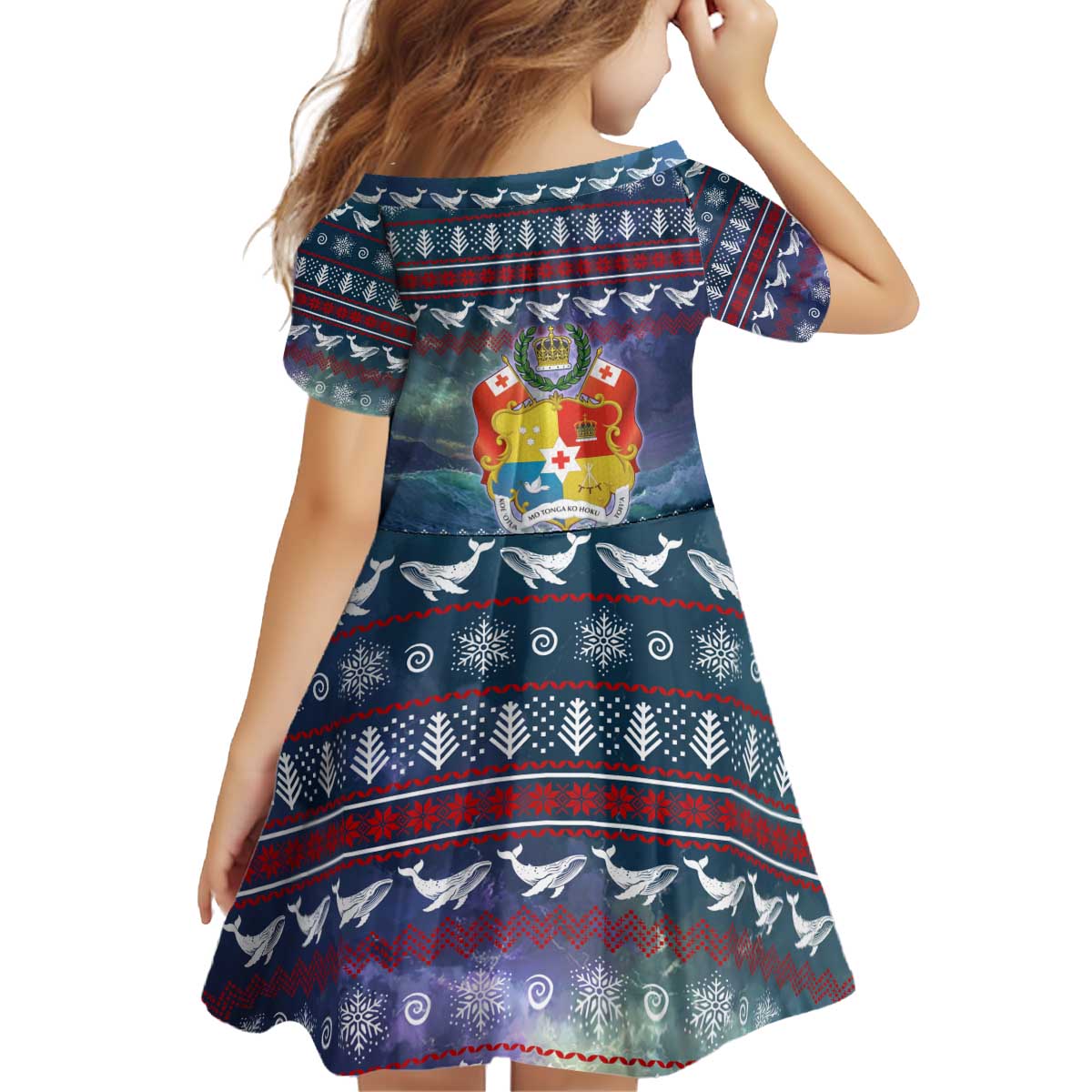 Tonga Christmas Kid Short Sleeve Dress with Singing Whale Ocean Scene National Coat of Arms TS04 - Polynesian Pride