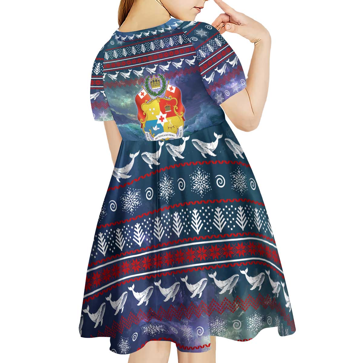 Tonga Christmas Kid Short Sleeve Dress with Singing Whale Ocean Scene National Coat of Arms TS04 - Polynesian Pride