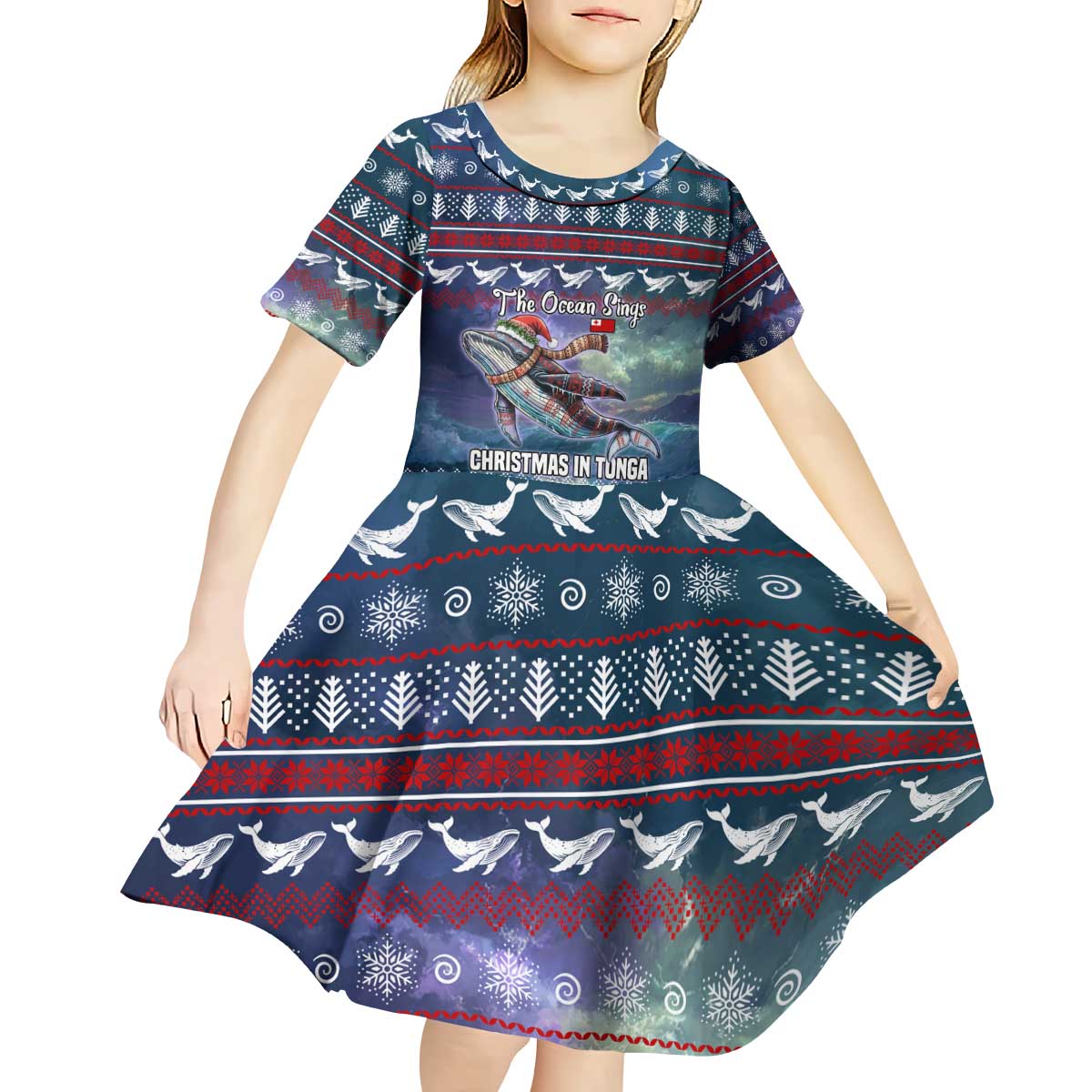 Tonga Christmas Kid Short Sleeve Dress with Singing Whale Ocean Scene National Coat of Arms TS04 - Polynesian Pride
