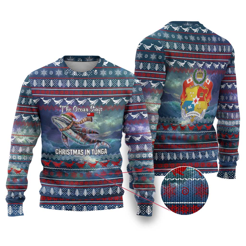 Tonga Christmas Ugly Christmas Sweater with Singing Whale Ocean Scene National Coat of Arms TS04 Multicolor - Polynesian Pride